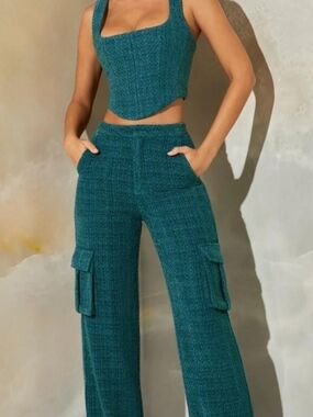 Oh Polly Teal Tweed Wide-Leg Cargo Pants